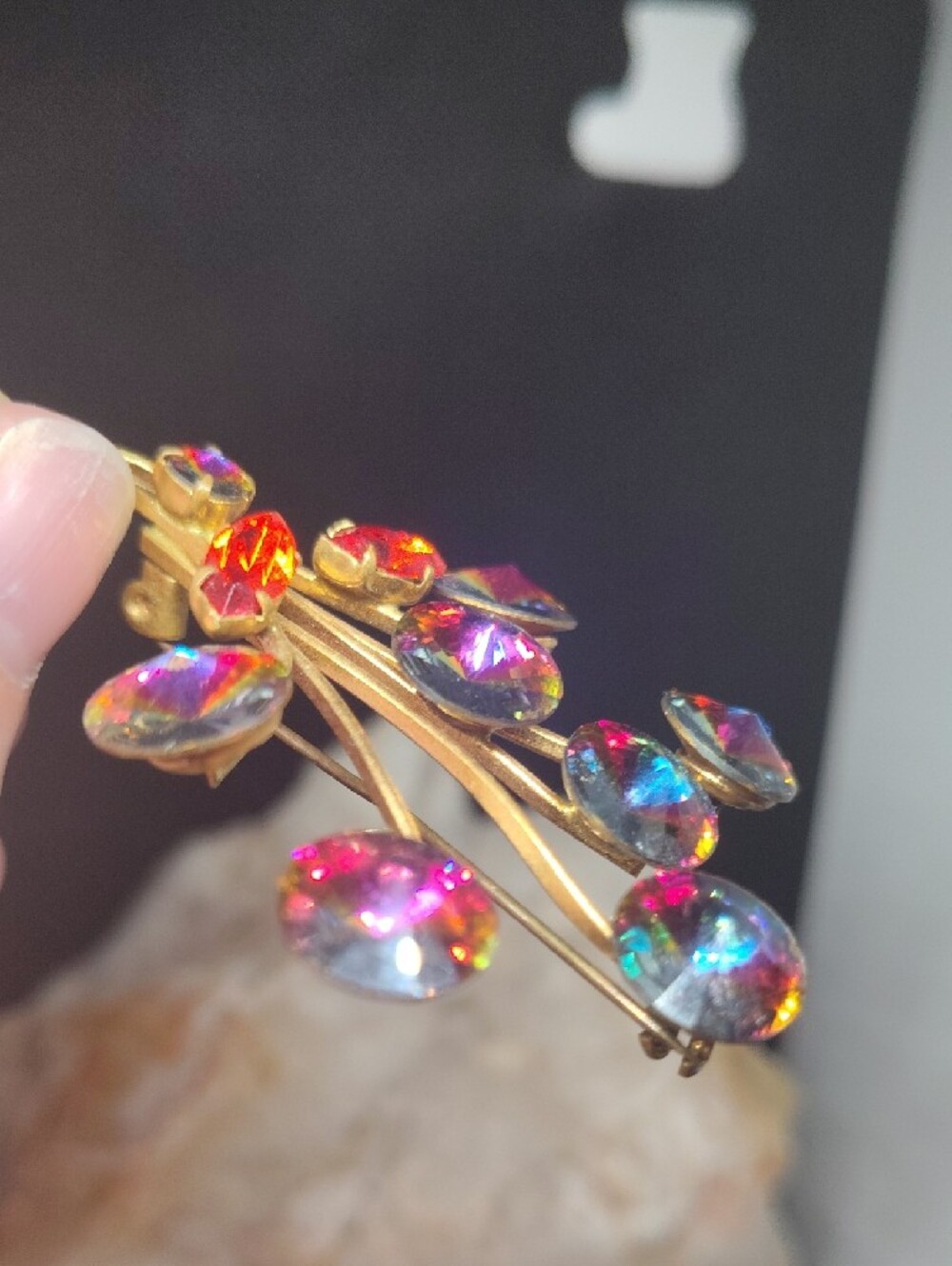 Vintage Watermelon Rivoli Gold Tone Bouquet Brooch - Picture 6 of 6